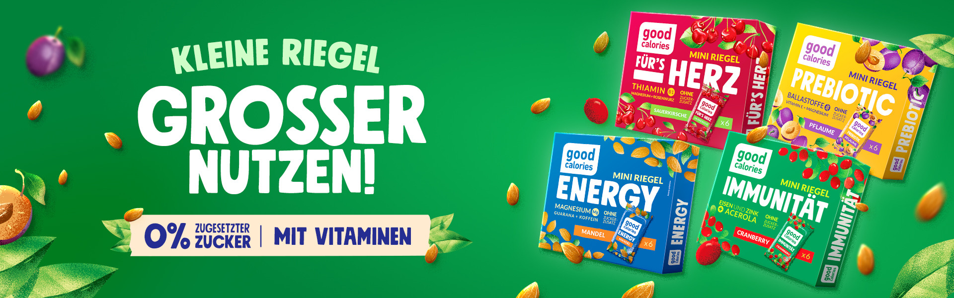 Good Calories Mini Riegel Für's Herz, Prebiotic, Energy und Immunität - 0% zugesetzter Zucker, mit Vitaminen