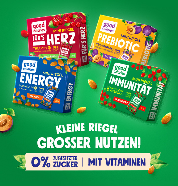 Good Calories Mini Riegel Für's Herz, Prebiotic, Energy und Immunität - 0% zugesetzter Zucker, mit Vitaminen