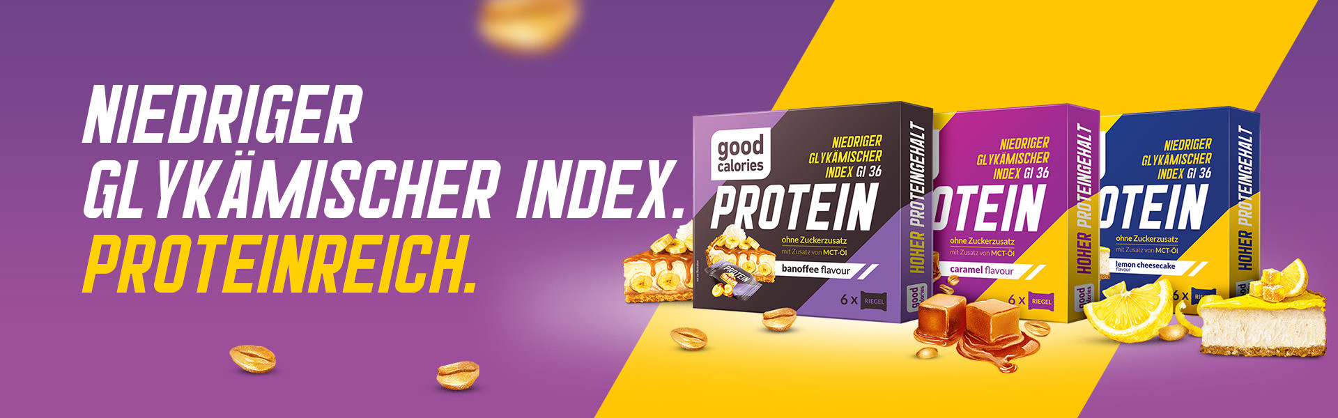 Good Calories Proteinriegel Banoffee, Karamell und Lemon Cheesecake ohne Zuckerzusatz, mit MCT-Öl