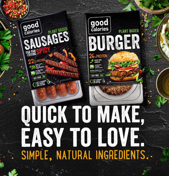 Good Calories plant-based spicy sausages and burger made with simple, natural ingredients