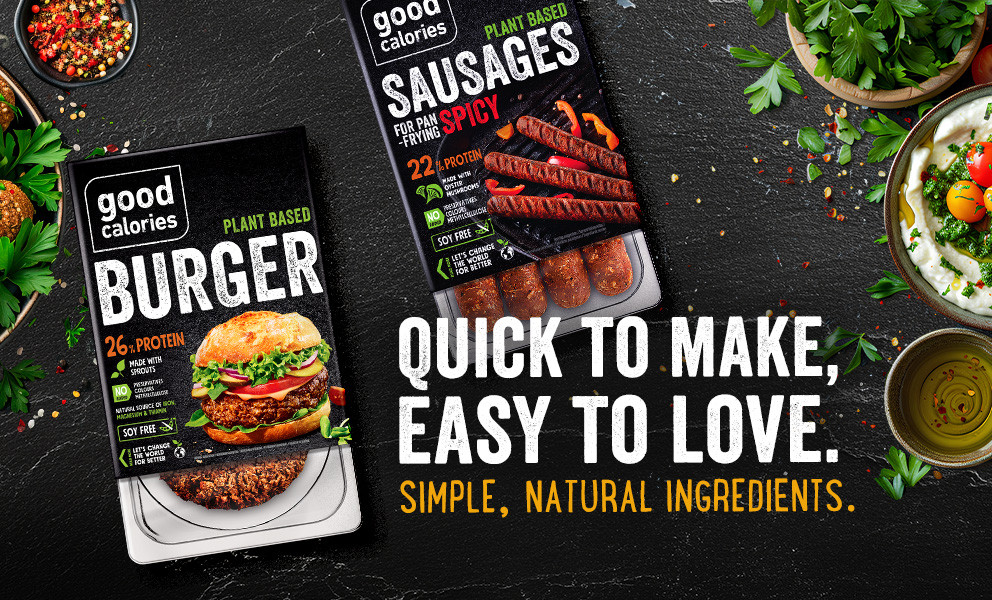 Good Calories plant-based spicy sausages and burger made with simple, natural ingredients