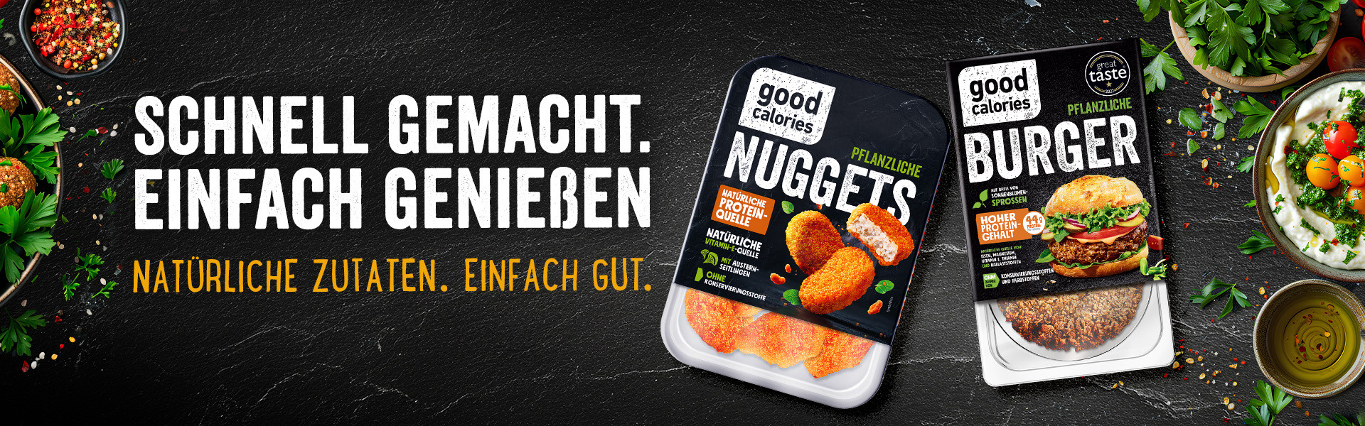 Pflanzliche Nuggets mit Austernseitlingen und Burger aus Sonnenblumensprossen von Good Calories - natürliche Zutaten