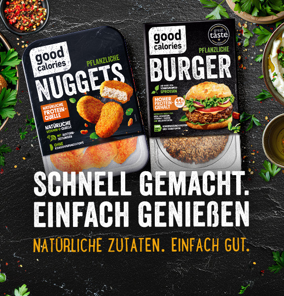 Pflanzliche Nuggets mit Austernseitlingen und Burger aus Sonnenblumensprossen von Good Calories - natürliche Zutaten
