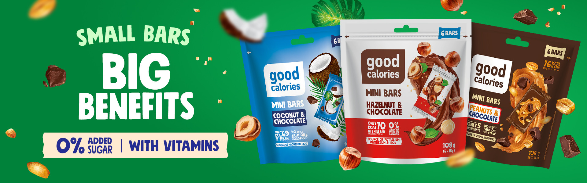 Good Calories mini bars with coconut, hazelnut and peanuts in chocolate - 0% added sugar, with vitamins