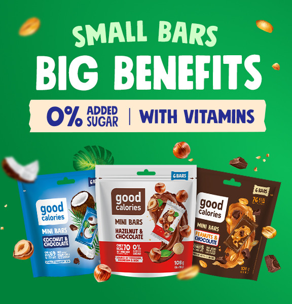 Good Calories mini bars with coconut, hazelnut and peanuts in chocolate - 0% added sugar, with vitamins