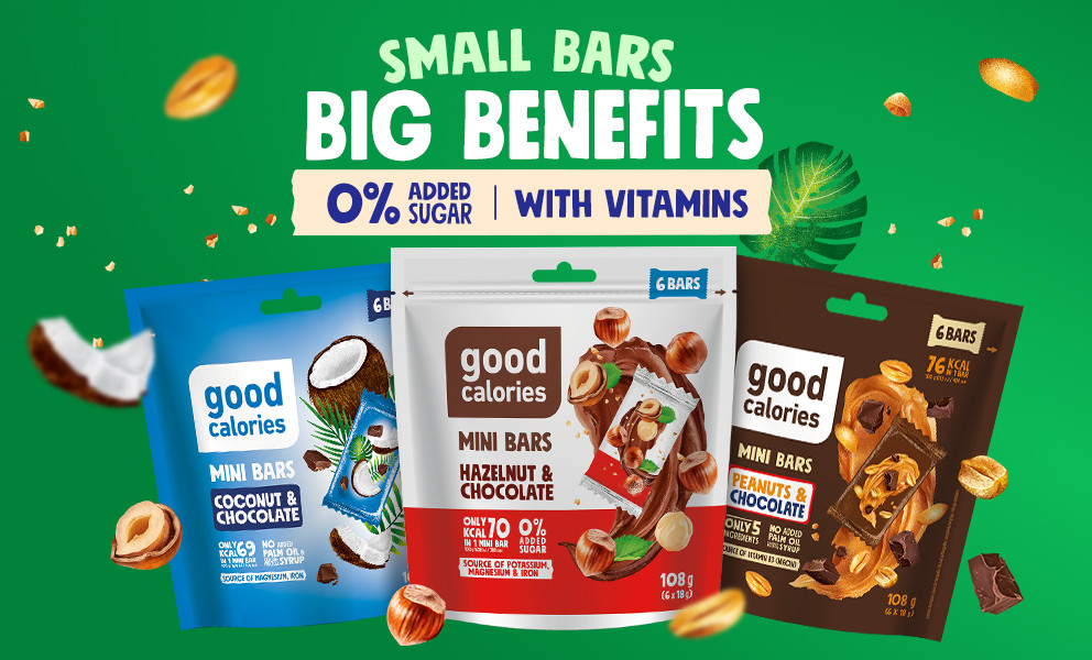 Good Calories mini bars with coconut, hazelnut and peanuts in chocolate - 0% added sugar, with vitamins