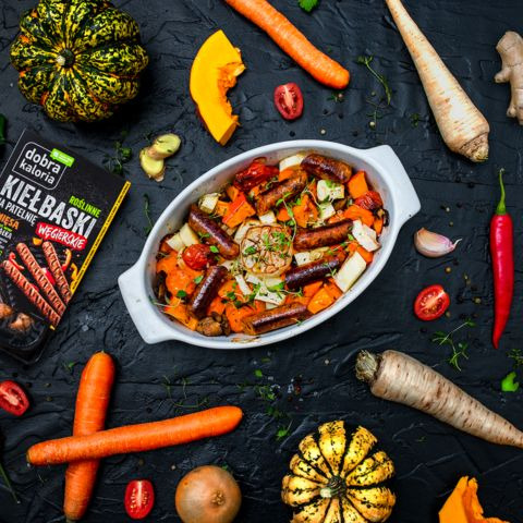 Roasted root vegetables with Hungarian sausages